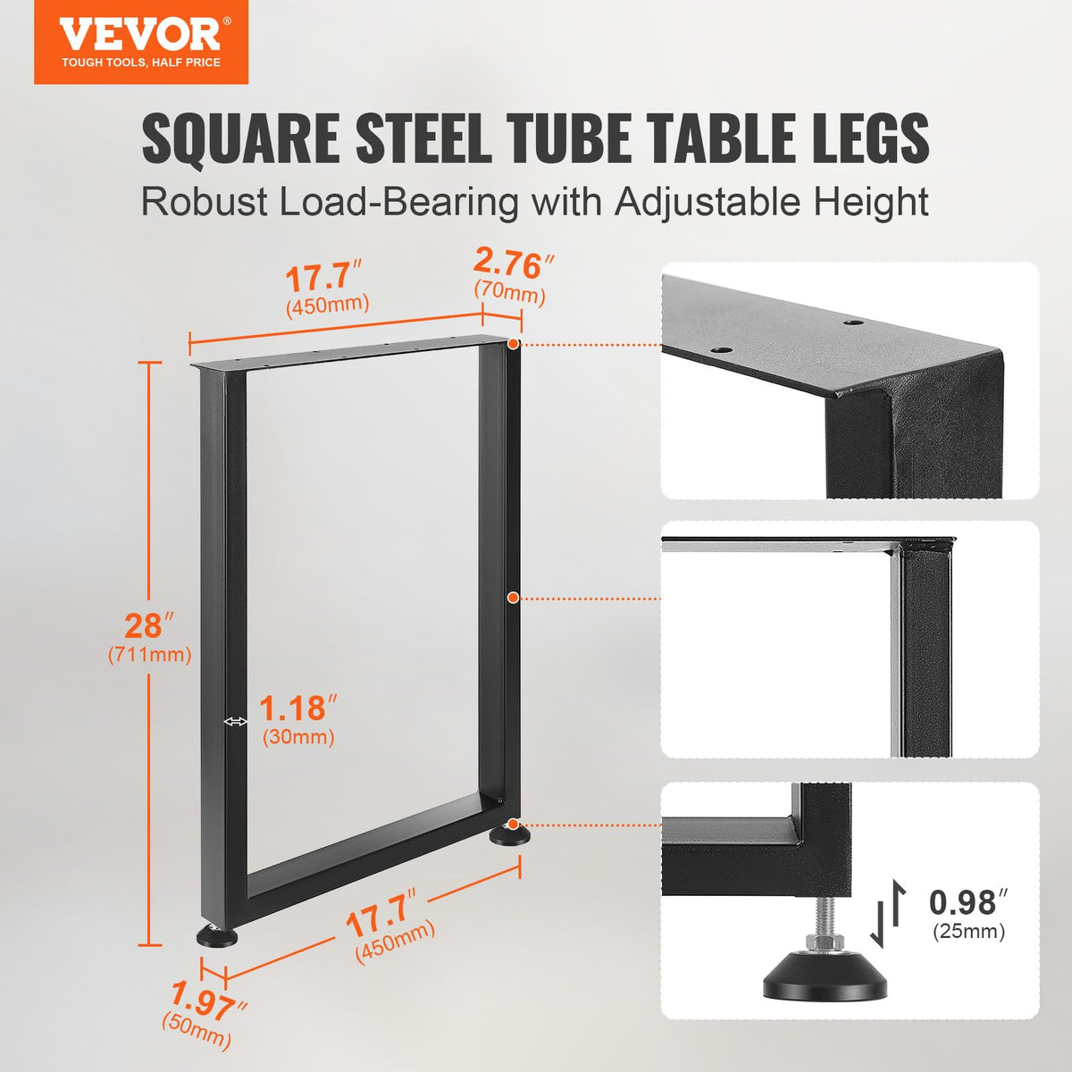 VEVOR 28-inch adjustable table legs side profile showing robust support.