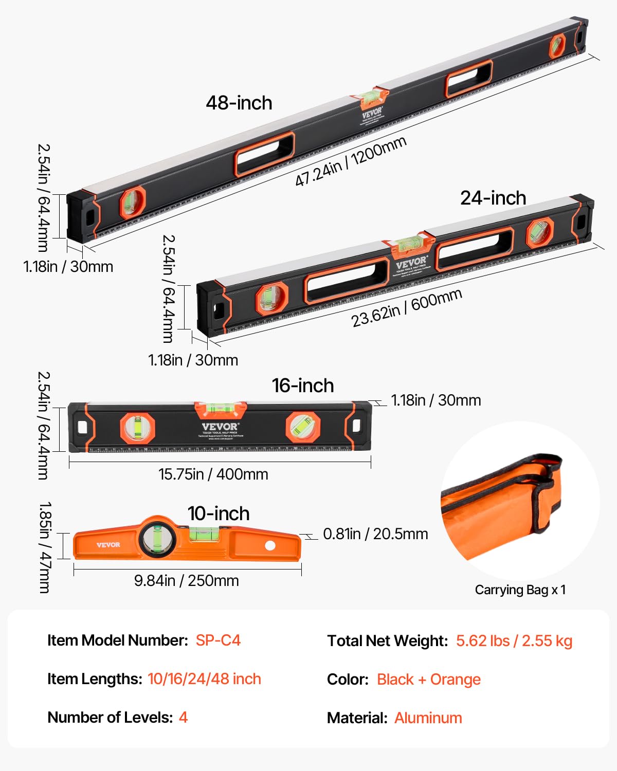 VEVOR 3-in-1 measurement supports 45°, horizontal, and vertical checks.