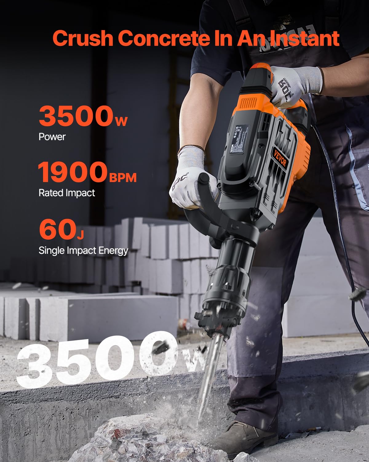 VEVOR demolition hammer side view highlighting durable aluminum construction