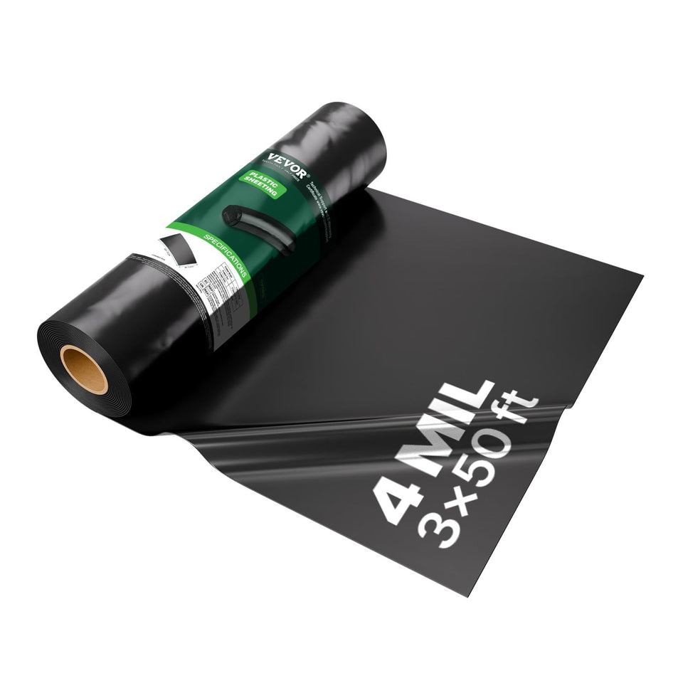 VEVOR 3ft by 50ft plastic sheeting covering a large workspace with durable, tear-resistant material.