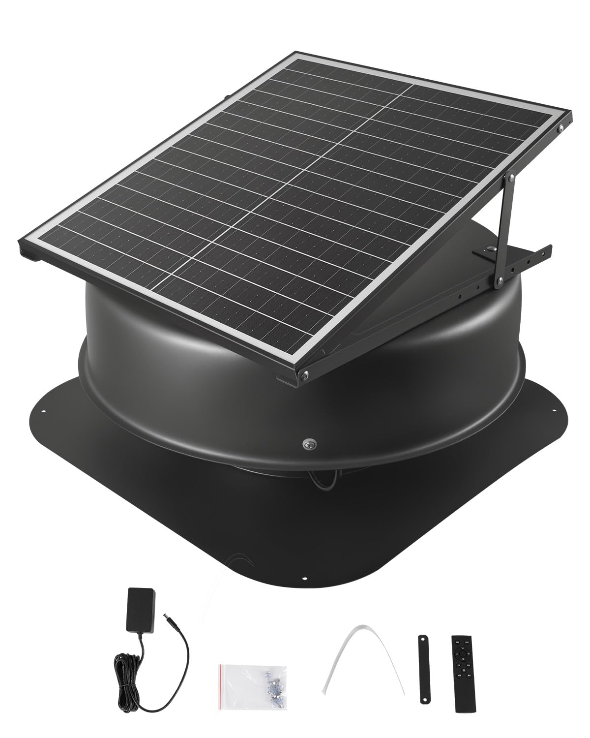 VEVOR 42W solar attic fan panel view; efficient sun-powered cooling.