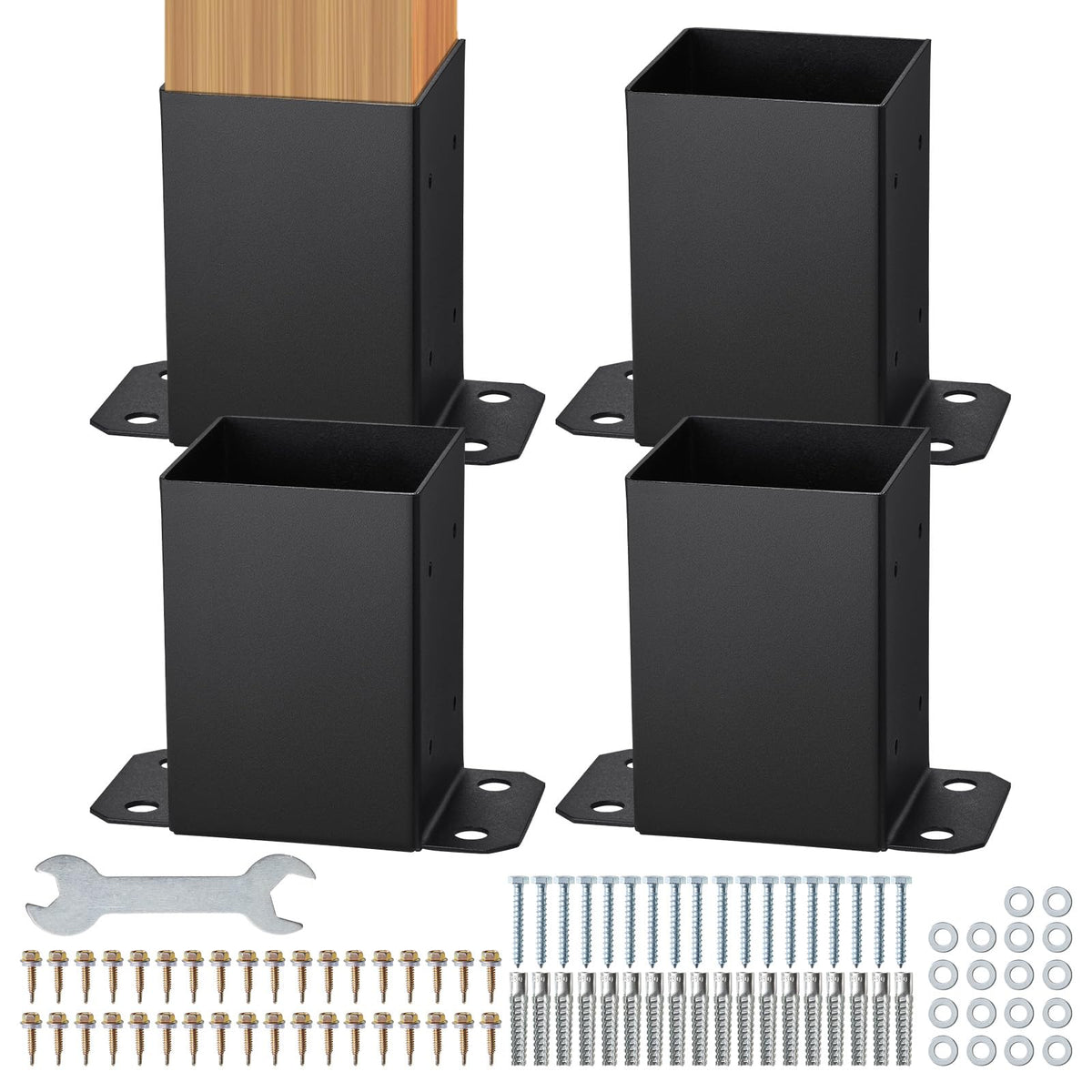 VEVOR 4x4 post bracket package view showing four sturdy bases for secure posts