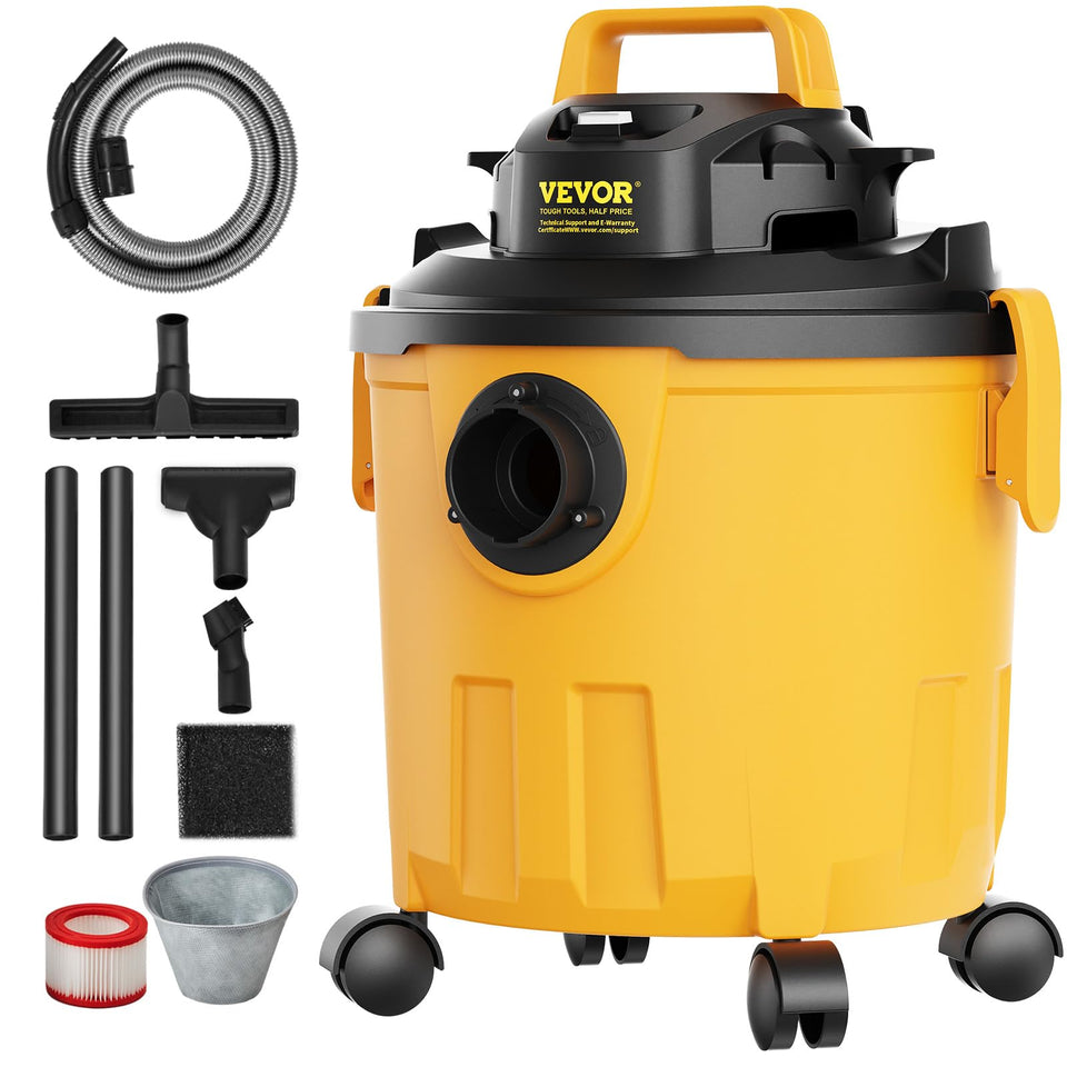 VEVOR 5-gallon wet-dry vac showing powerful suction for fast cleanup