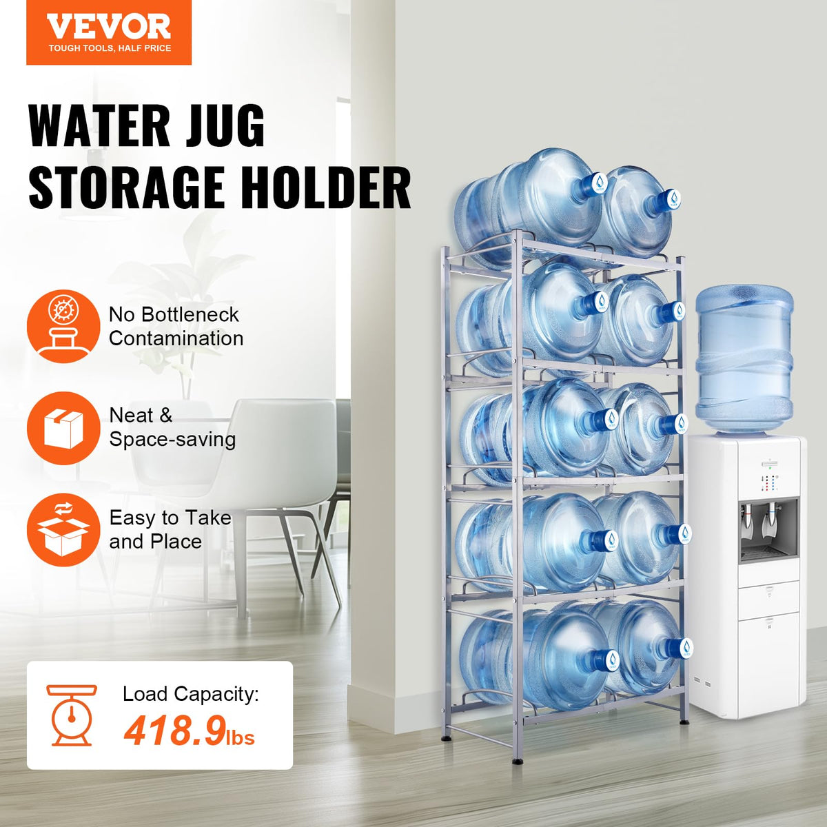 VEVOR water jug holder side view shows slim profile for tight spaces.