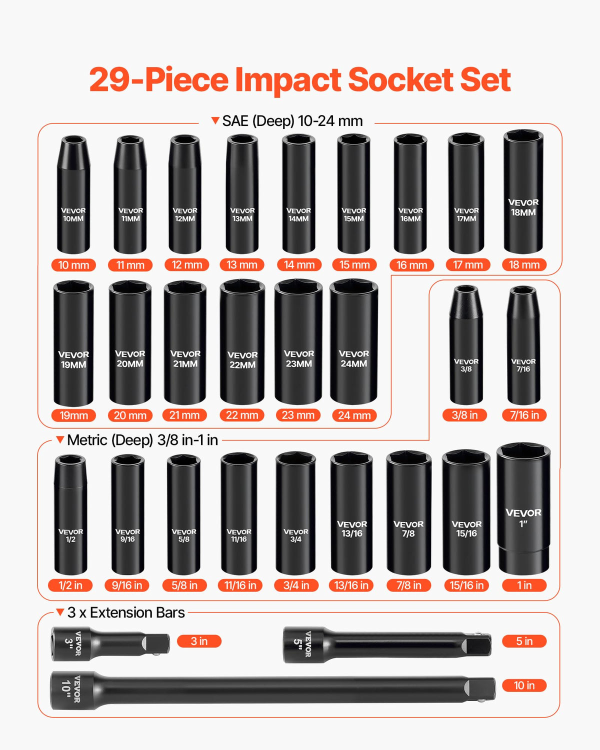 VEVOR 6-point deep sockets provide strong engagement and reduced rounding.