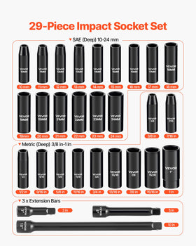 VEVOR 6-point deep sockets provide strong engagement and reduced rounding.
