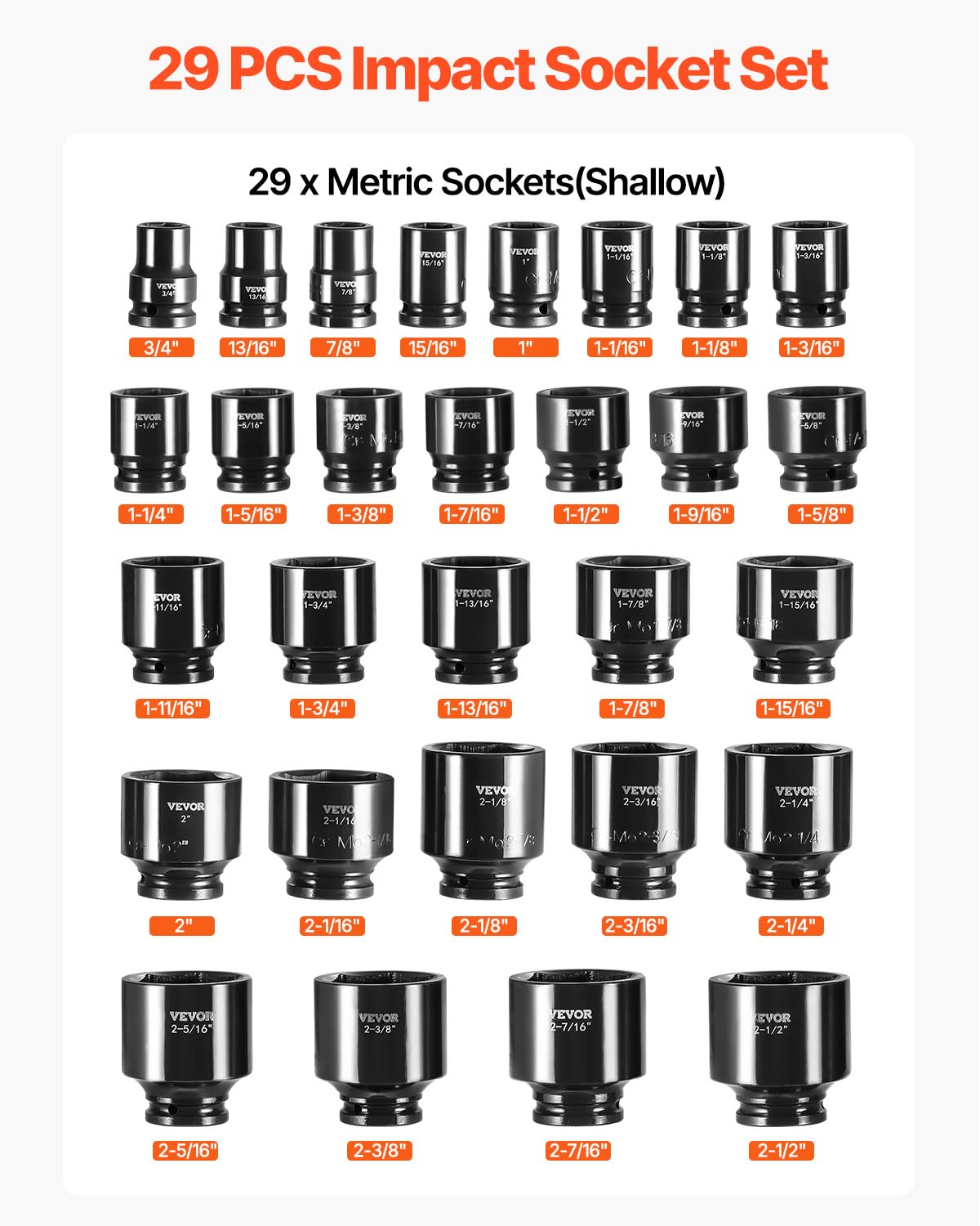 VEVOR 6-point sockets grip nuts firmly for high-torque jobs.