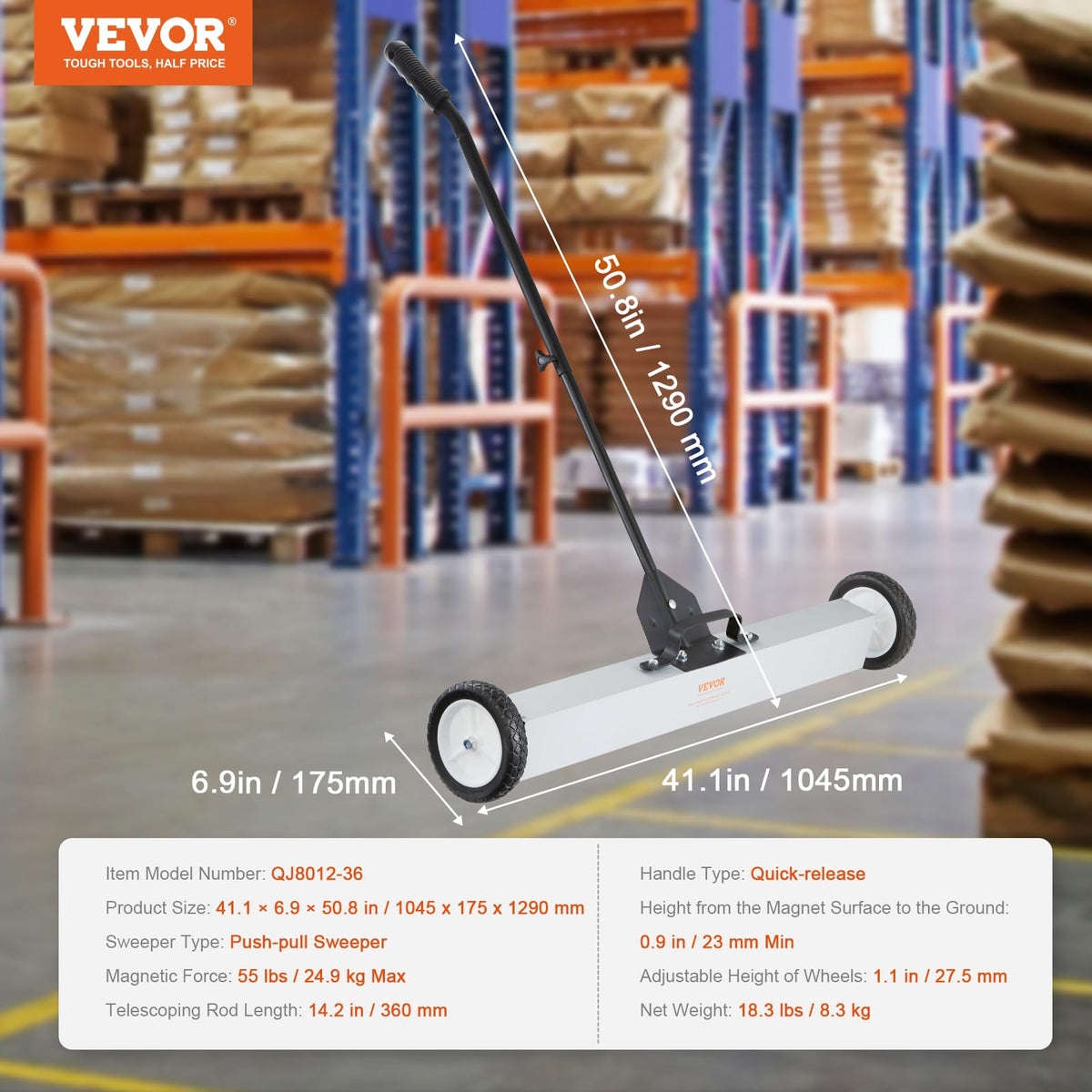 VEVOR adjustable handle height from 30.3 to 44.5 inches for comfortable use