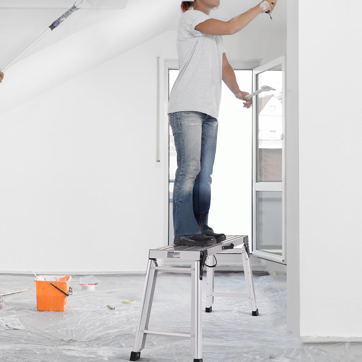 VEVOR adjustable work platform enables reaching high areas without ladders.