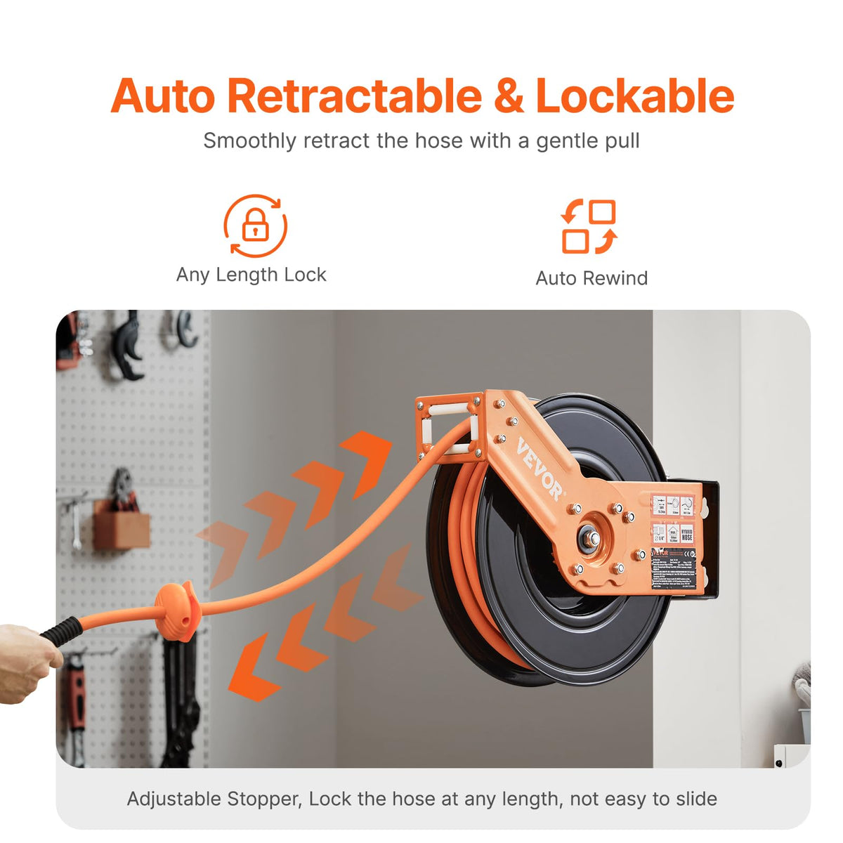 VEVOR air hose reel with automatic rewind reduces tangling during use.
