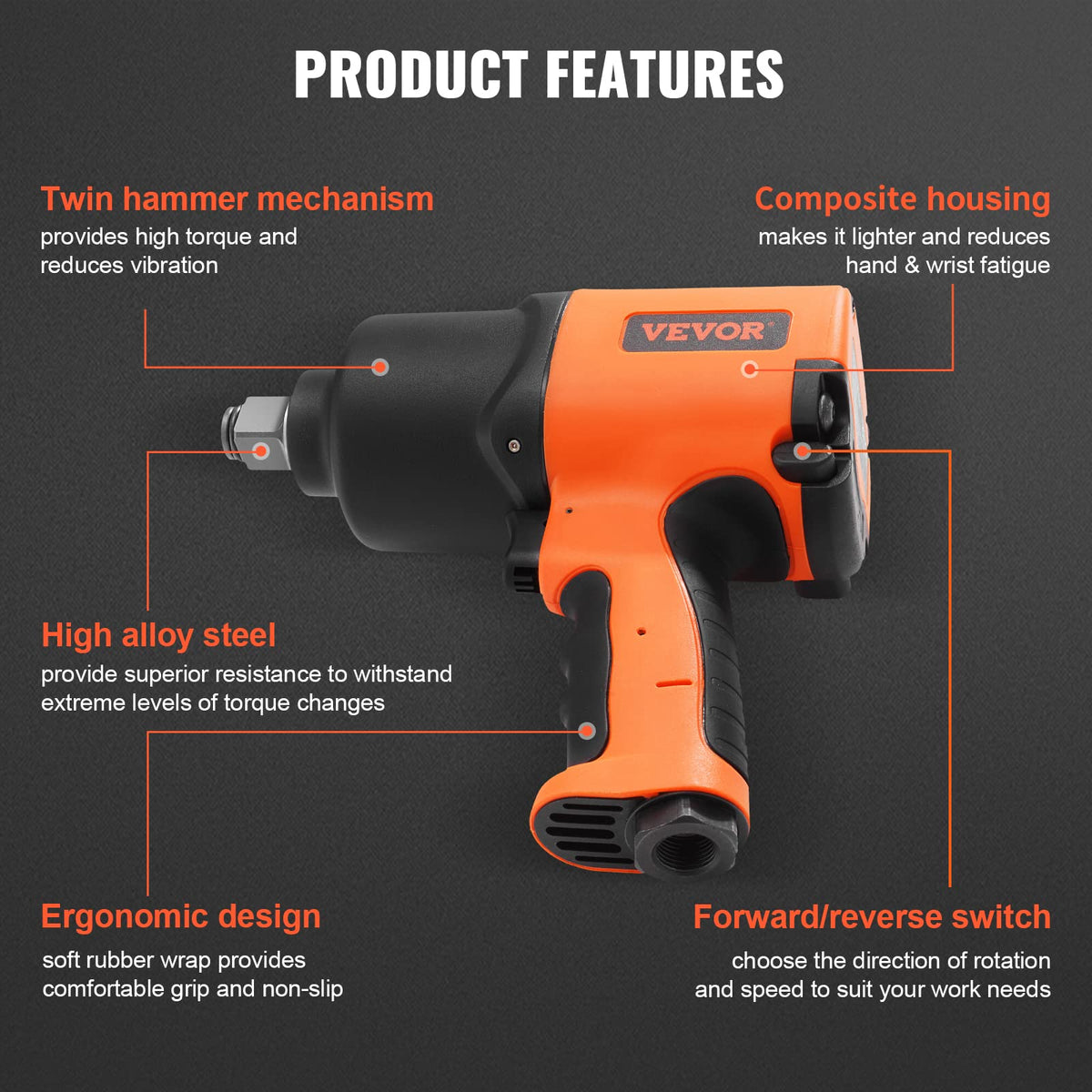 VEVOR 3/4-inch air impact is ready for heavy-duty auto repairs.