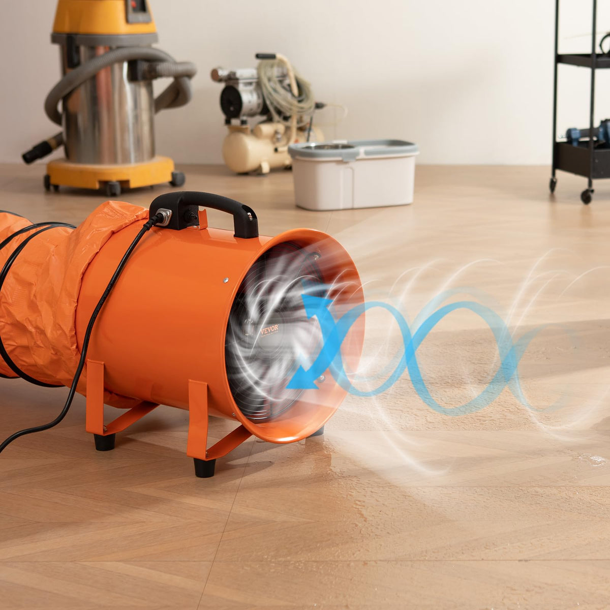 VEVOR air mover in a workshop setup demonstrates practical ventilation use.