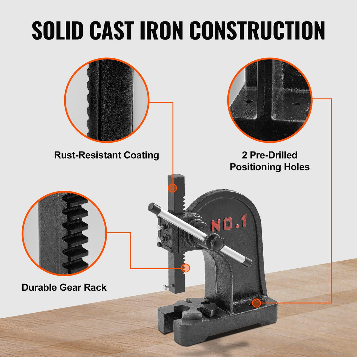 VEVOR Arbor Press AP-1-Ton cast-iron body promises durable performance and long-term reliability.