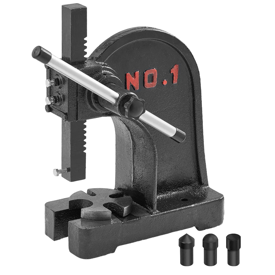 VEVOR Arbor Press AP-1-Ton front view emphasizes precision stamping with a sturdy cast-iron frame.