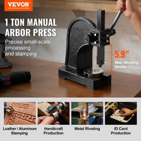 VEVOR Arbor Press AP-1-Ton lever operation highlights ergonomic force application for small metal or leather tasks.
