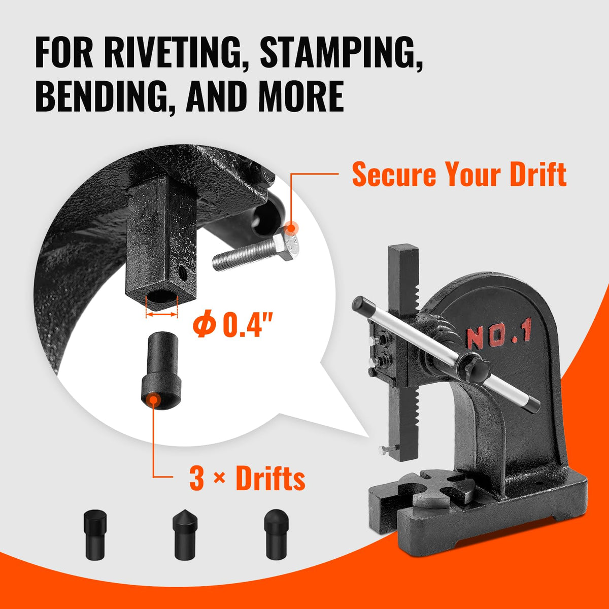 VEVOR Arbor Press AP-1-Ton mold set showcases versatility for riveting, cutting, and shaping projects.