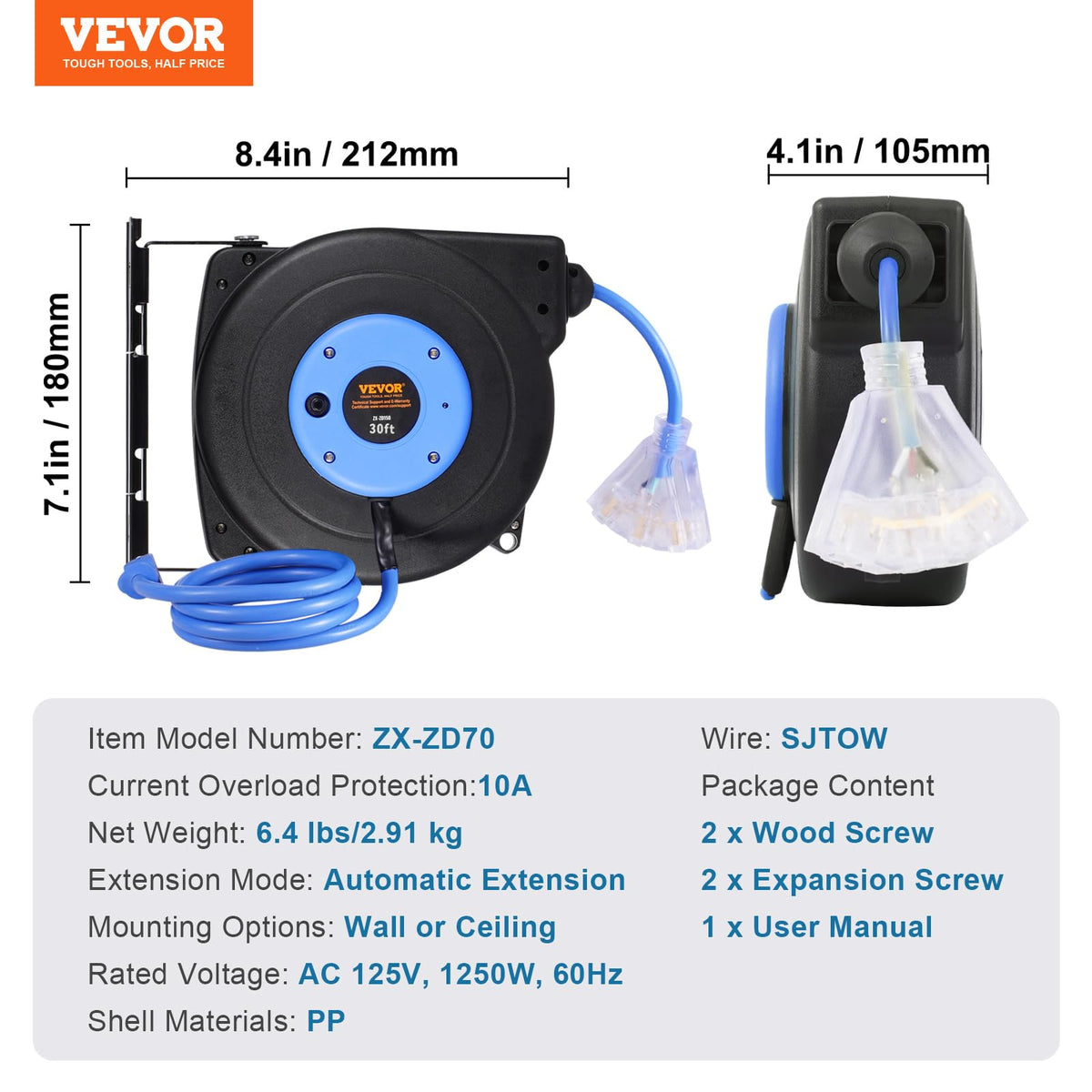 VEVOR automatic retract system minimizes tangles for neat setups.