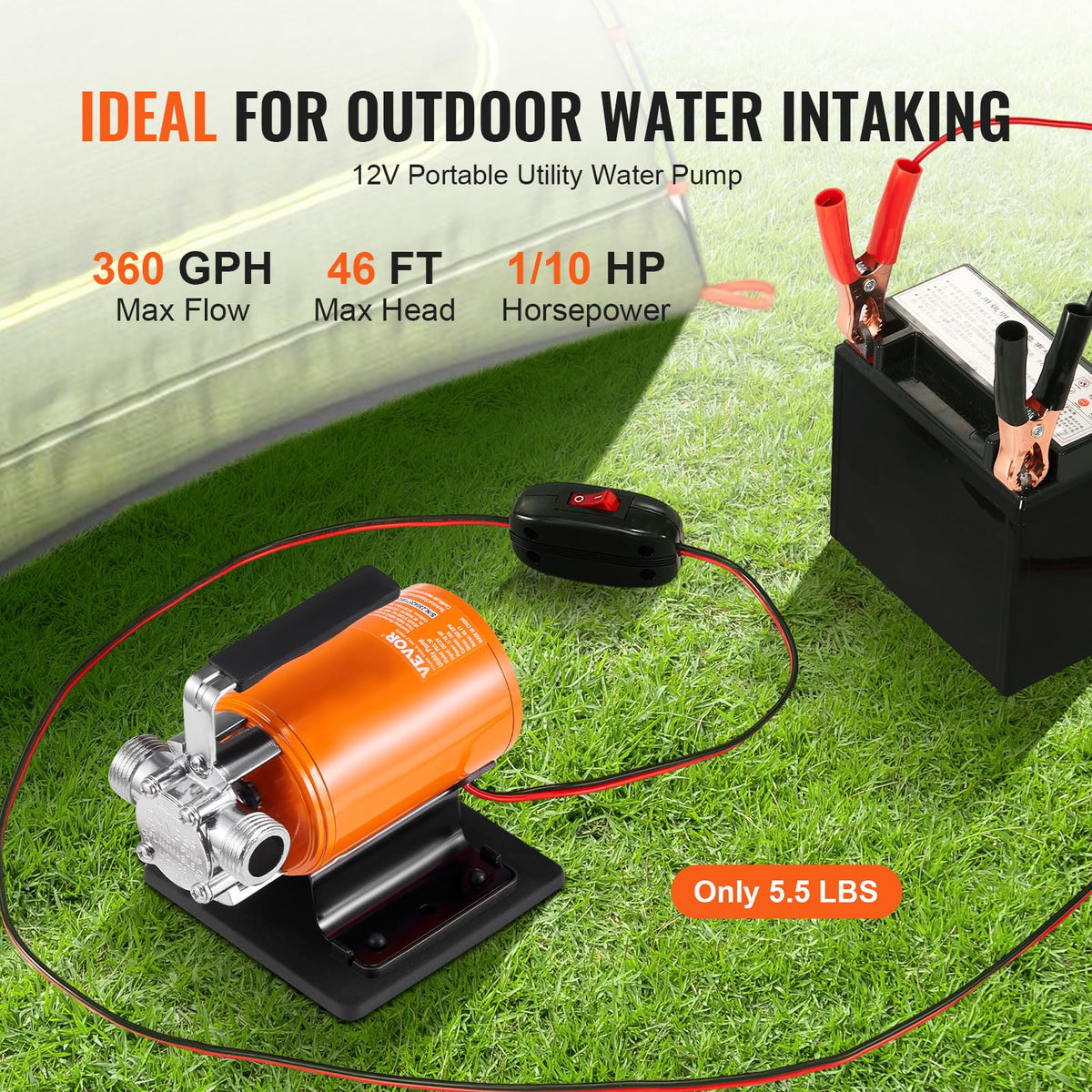 VEVOR battery-powered pump 360 GPH demonstrates portable performance
