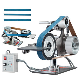 VEVOR Belt Grinder Sander close-up showing 550W motor for durable metal grinding.