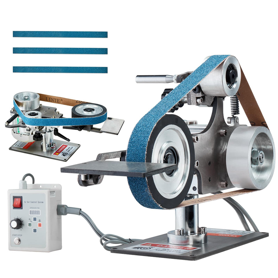 VEVOR Belt Grinder Sander close-up showing 550W motor for durable metal grinding.