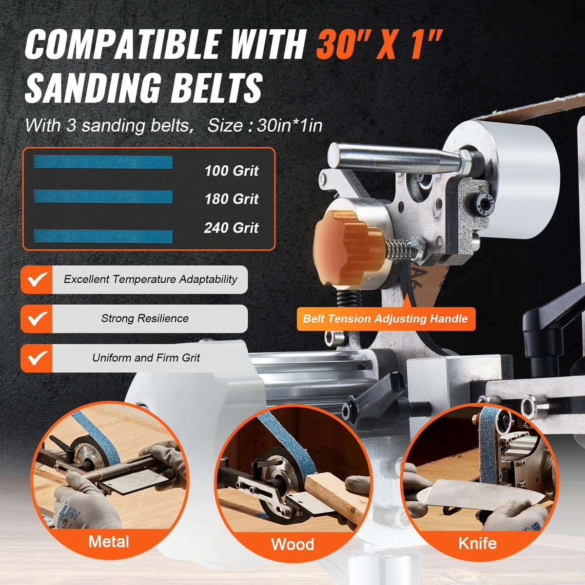 VEVOR Belt Grinder Sander belts 100/180/240 demonstrate grit variety.
