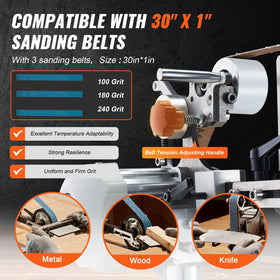 VEVOR Belt Grinder Sander belts 100/180/240 demonstrate grit variety.
