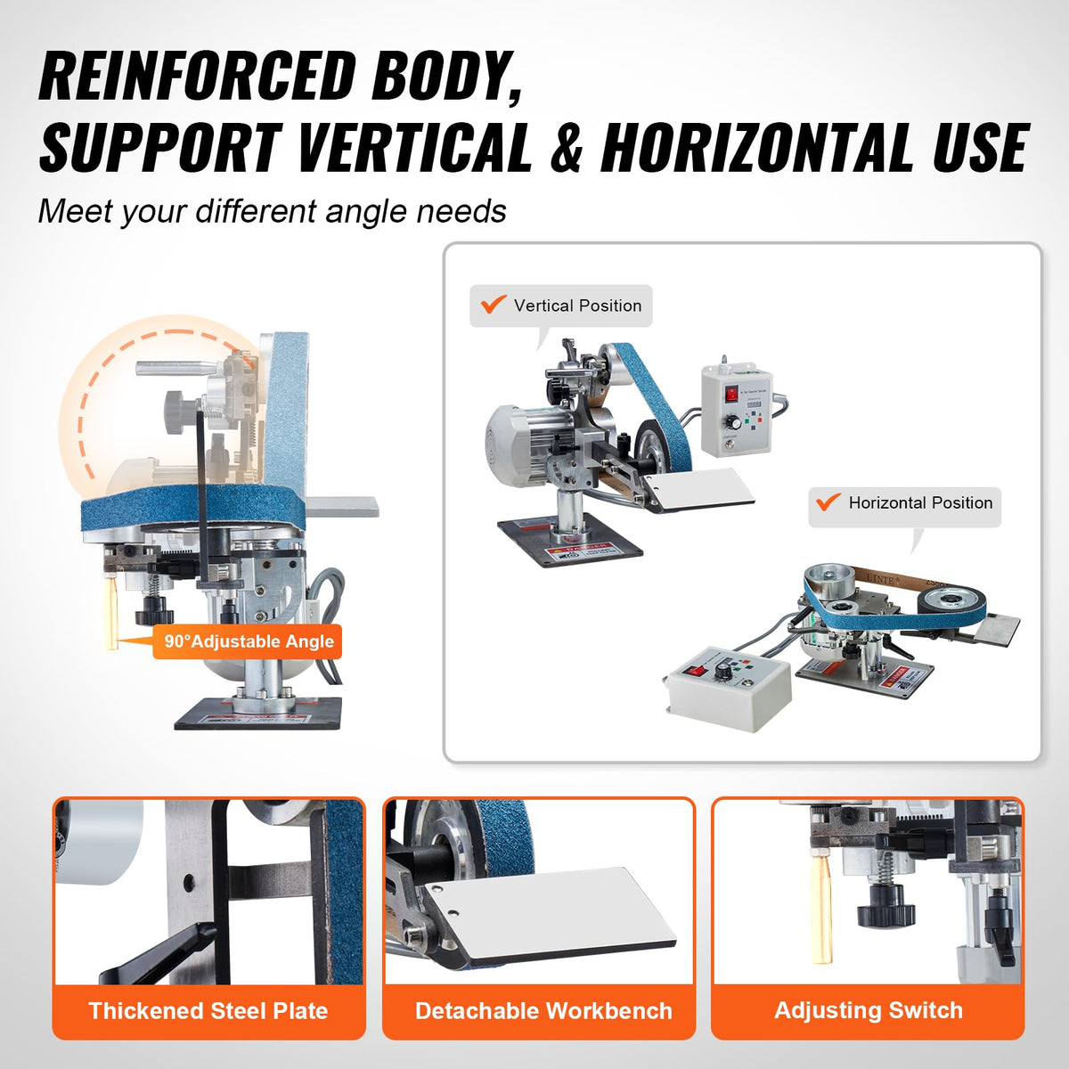VEVOR Belt Grinder Sander flat and circular grinding mode in action.