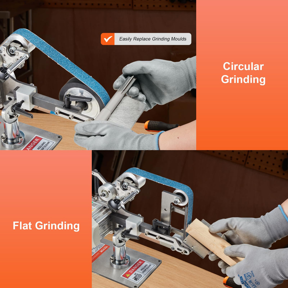 VEVOR Belt Grinder Sander shows two grinding moulds for shaping.