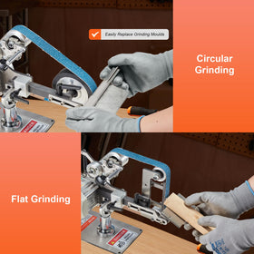 VEVOR Belt Grinder Sander shows two grinding moulds for shaping.