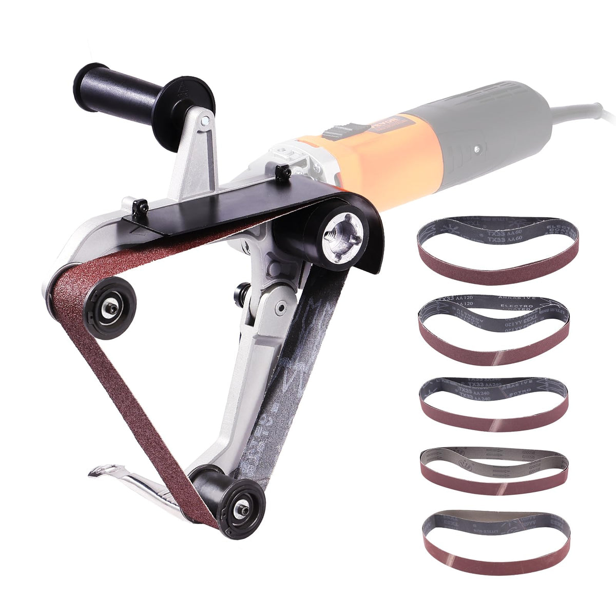 VEVOR belt sander adapter on angle-grinder-assembly for pipe sanding efficiency.
