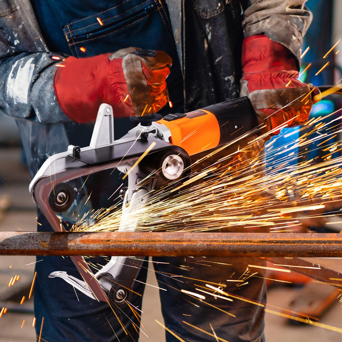 VEVOR belt-sander-adapter-multi-material-use demonstrates versatility across metal and wood tasks.