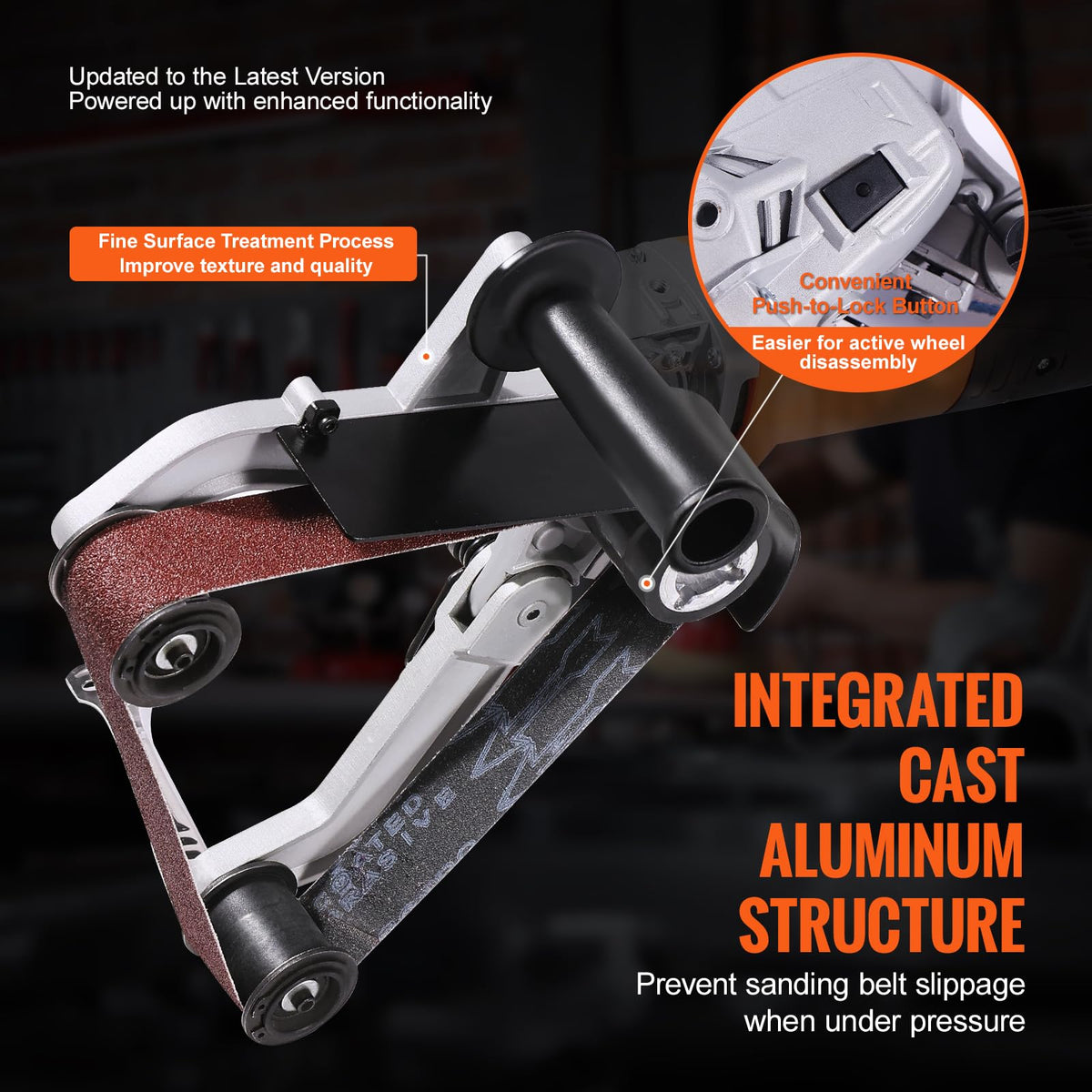 VEVOR belt-sander-attachment-5-8-11-thread-close-up highlights durable aluminum construction.