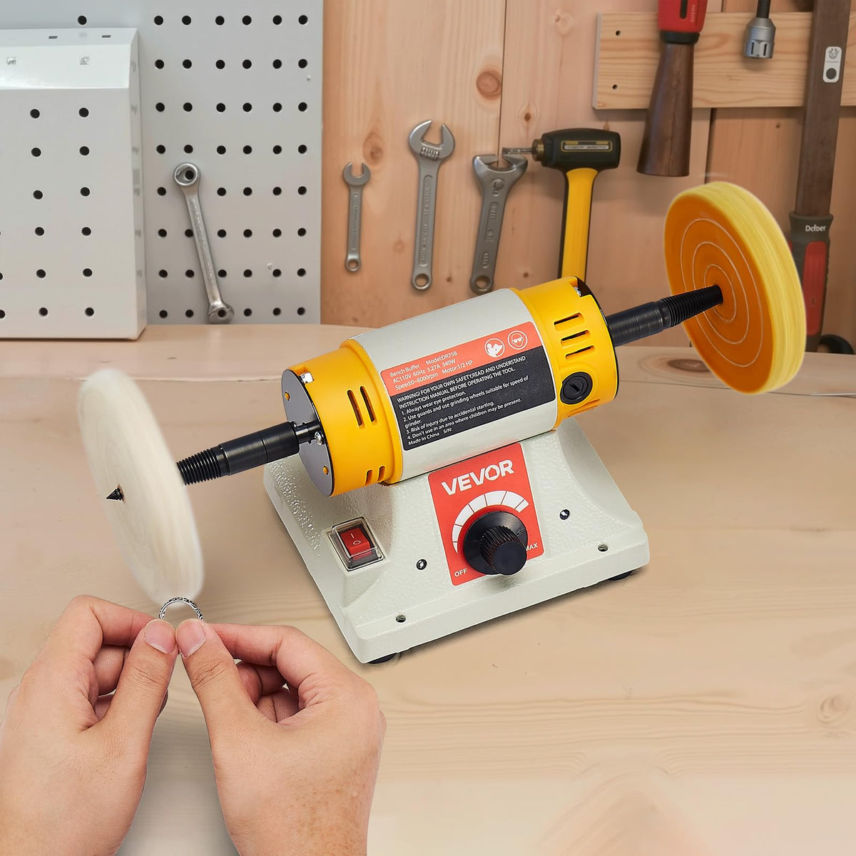 Compact design of the VEVOR bench buffer polisher fits small workshops