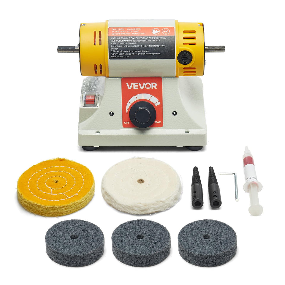 VEVOR bench buffer polisher front view illustrating stable base for precise polishing