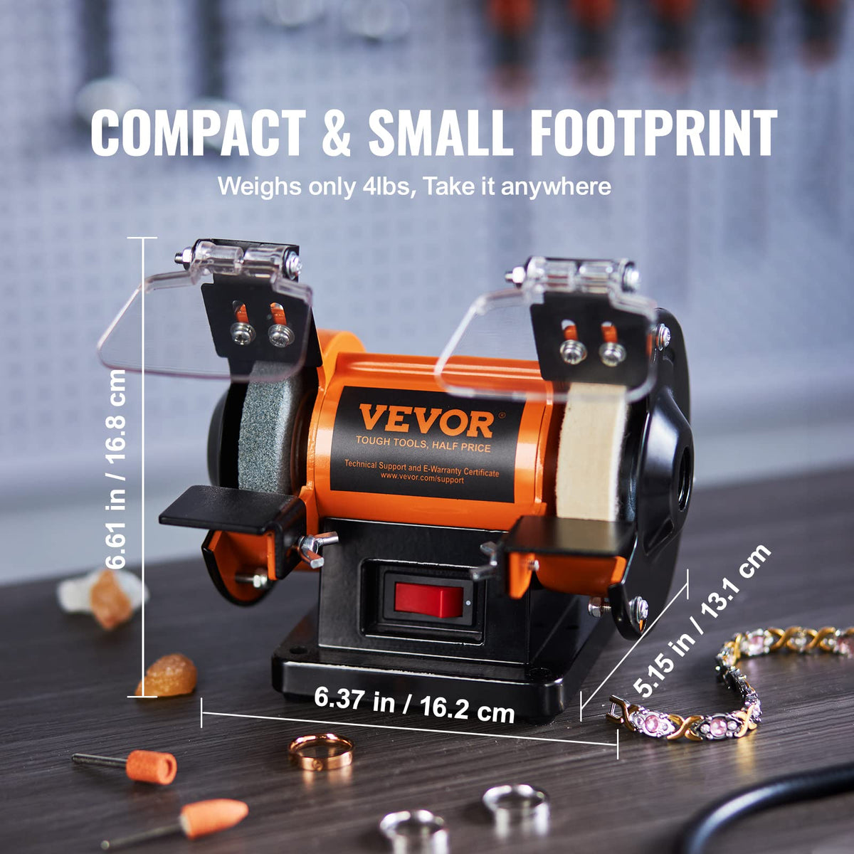 VEVOR bench buffer polisher grinding wheel removes rust and rough surfaces.