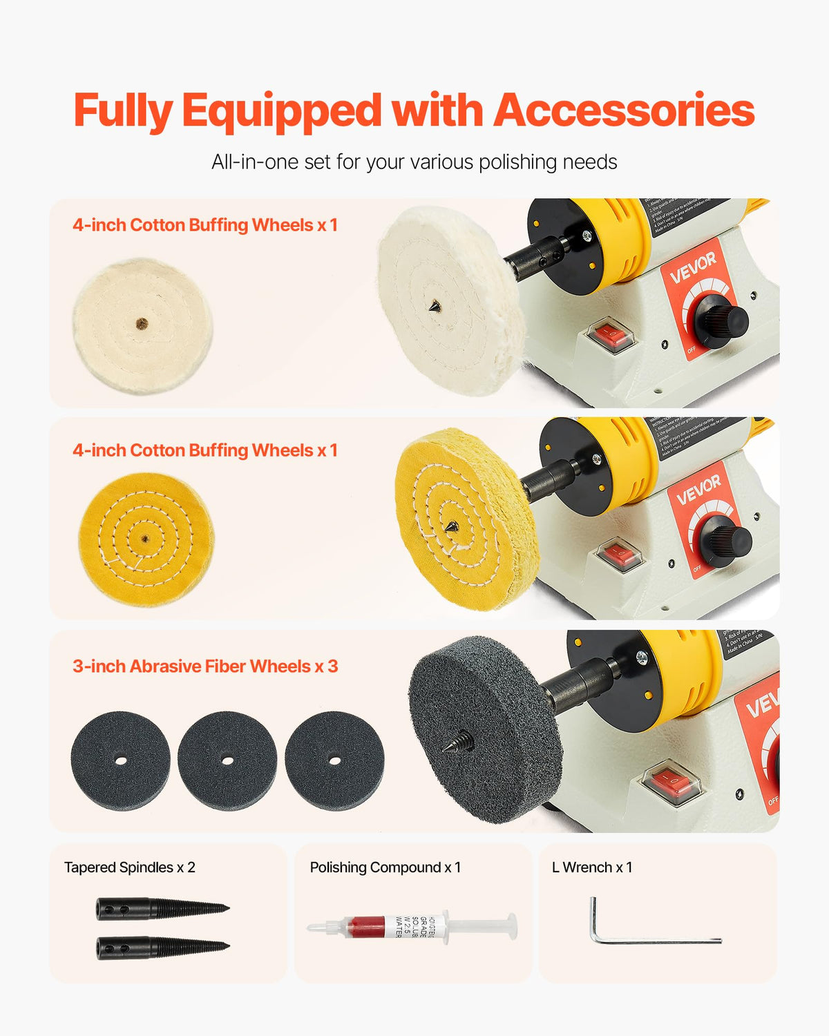 4-inch cotton wheels attached to the VEVOR bench buffer polisher for smooth finishing