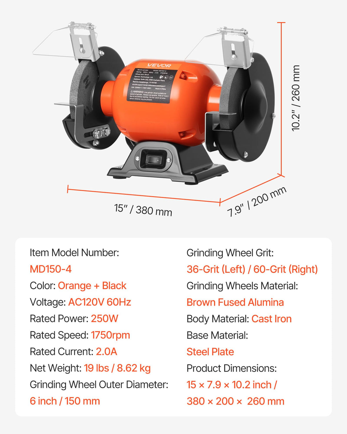 VEVOR bench grinder motor label highlights a 250W induction drive
