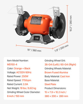 VEVOR bench grinder motor label highlights a 250W induction drive