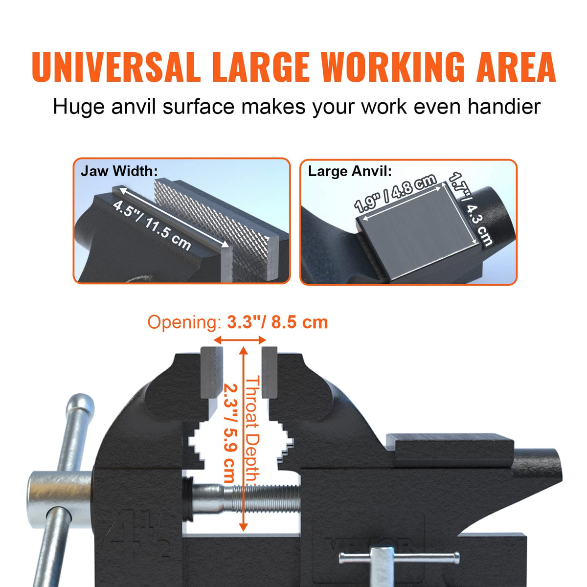 VEVOR bench vise 240 degree swivel base enables flexible positioning.