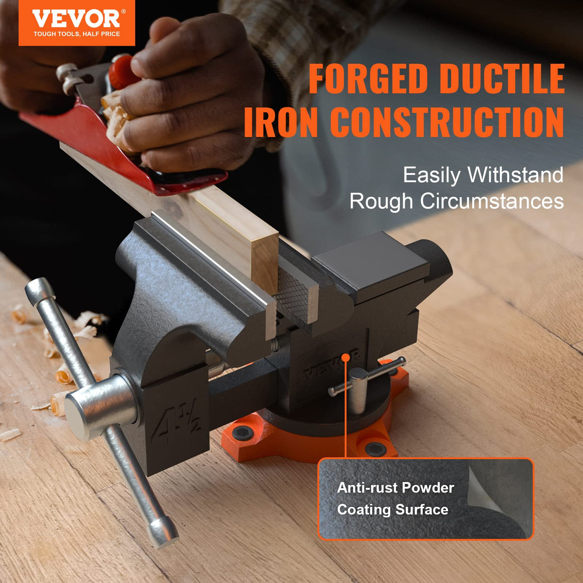 VEVOR bench vise shows 3.3 inch jaw opening for larger workpieces.