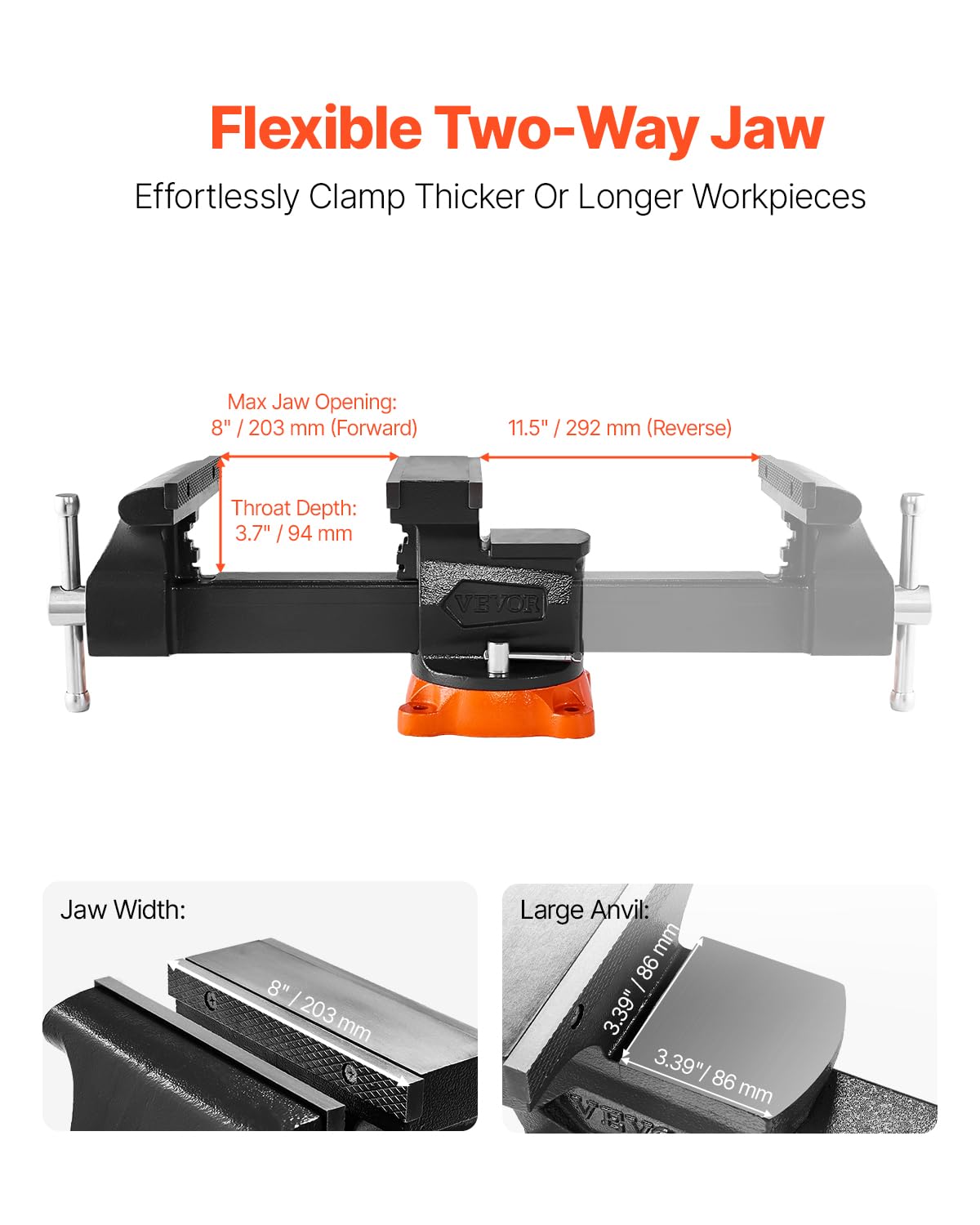 VEVOR bench vise 360-degree base enables versatile positioning at any angle.