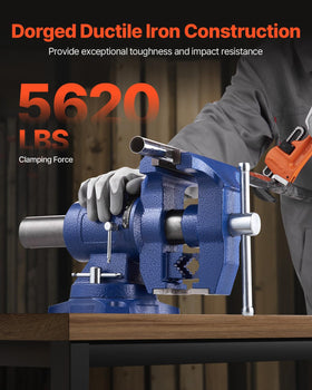 VEVOR bench vise showing 5-inch opening for versatile material sizing.
