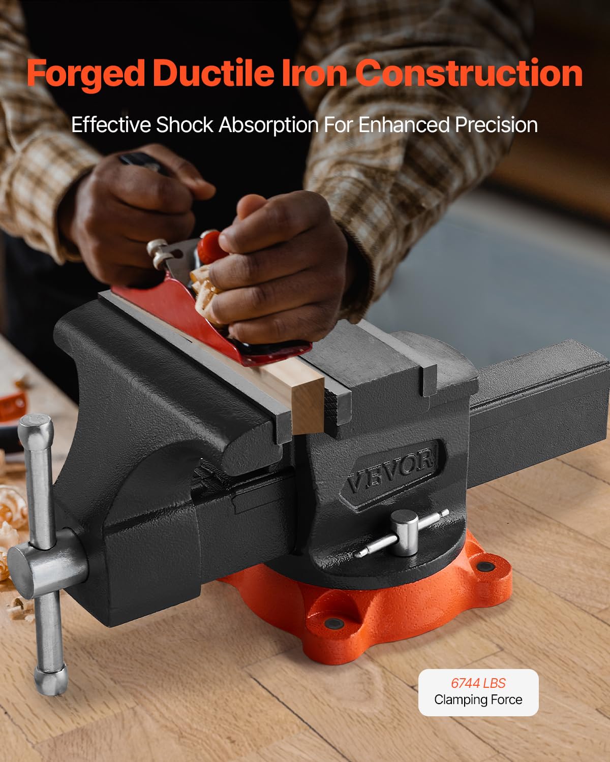 VEVOR bench vise offers 8-inch max opening for wide material clamping.