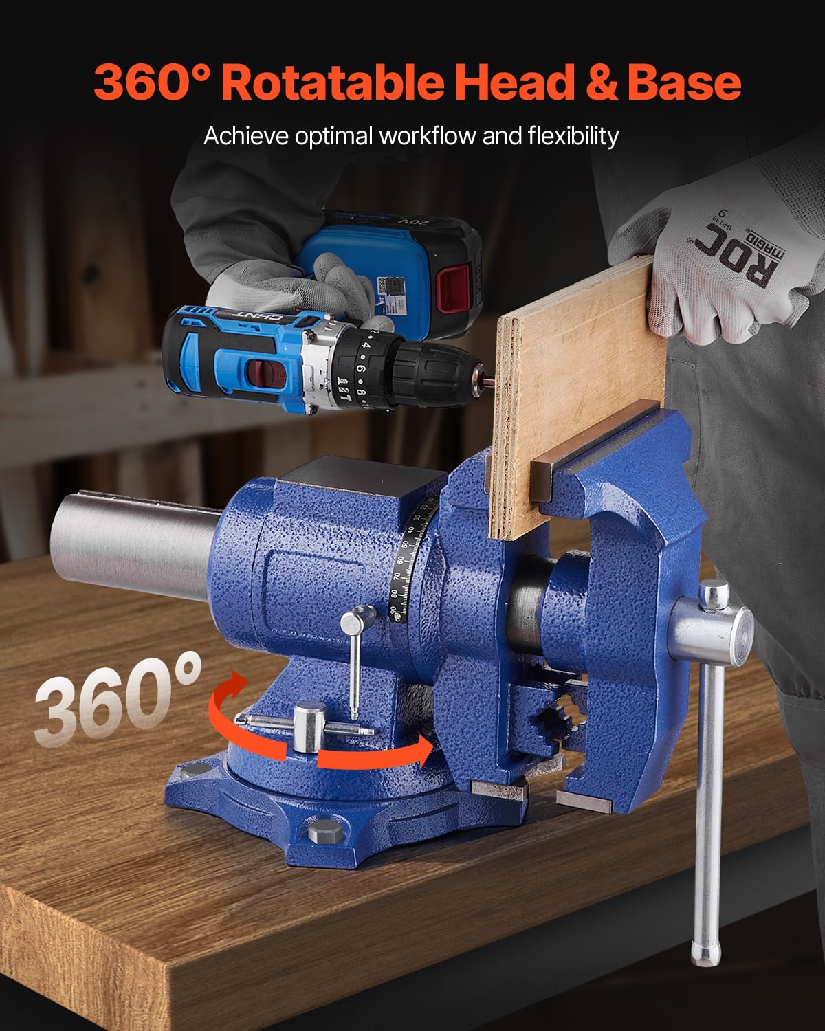 VEVOR bench vise highlights large anvil for hammering and shaping.