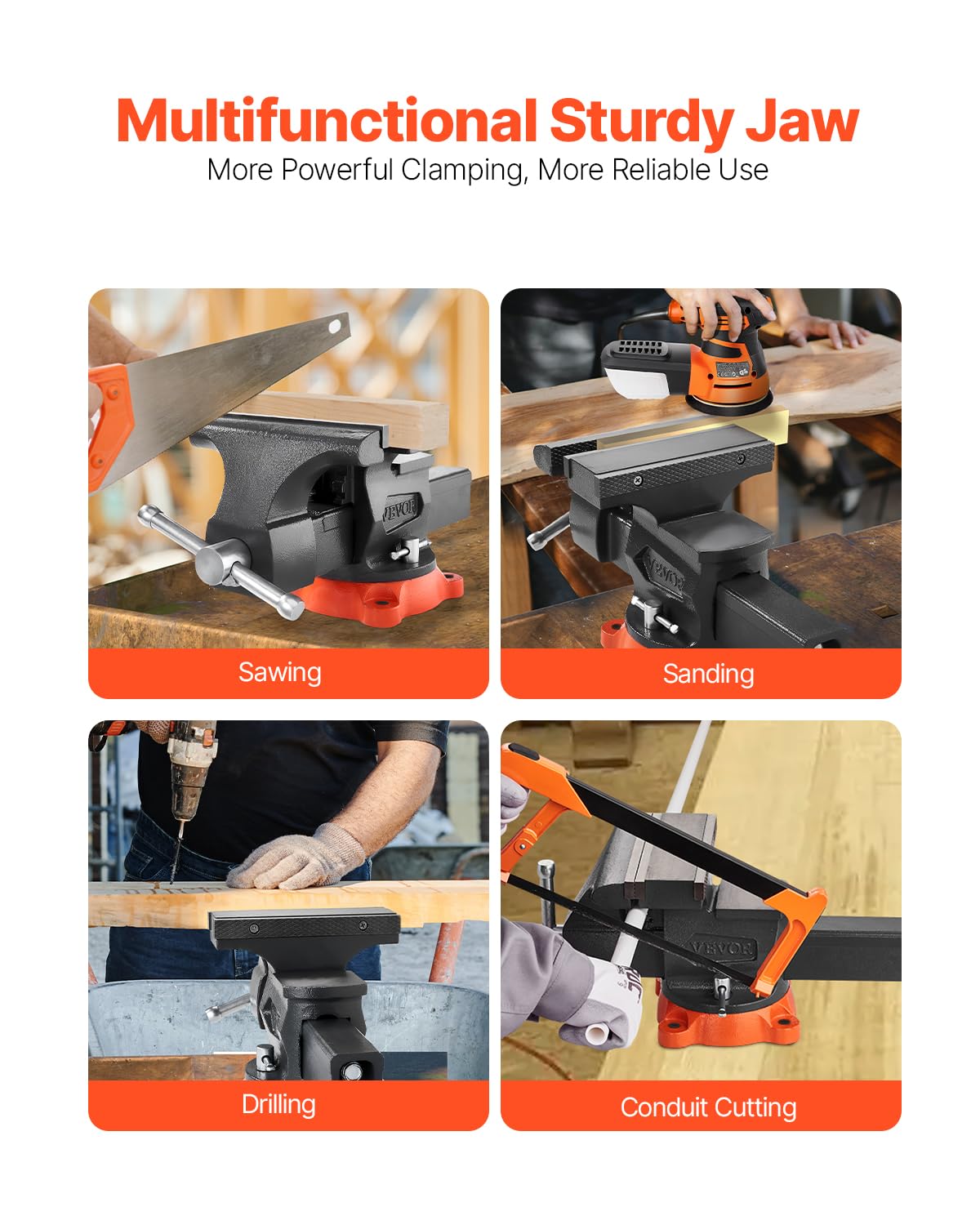 VEVOR bench vise two-way jaw design supports wide and precise clamping.