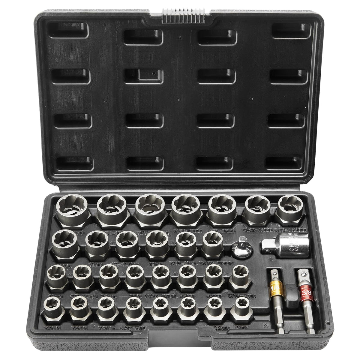VEVOR 33-piece bolt extractor set in case, organized for efficient bolt removal