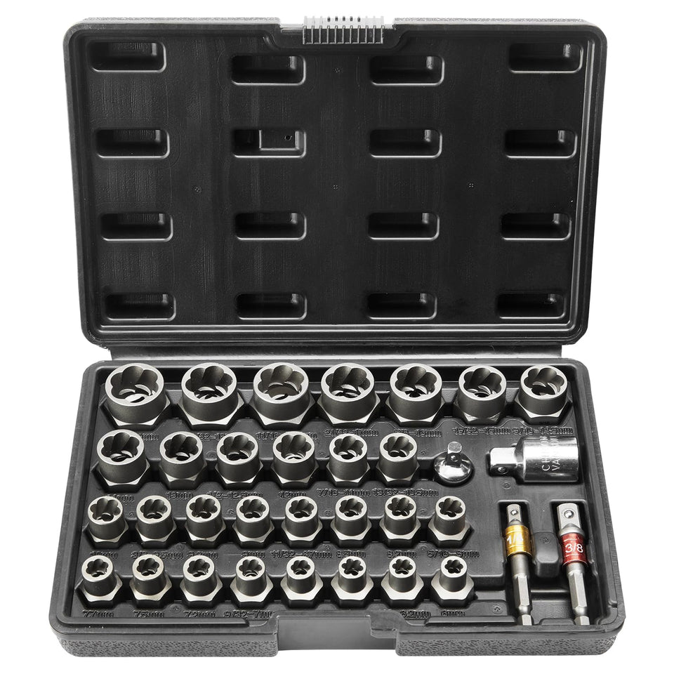 VEVOR 33-piece bolt extractor set in case, organized for efficient bolt removal
