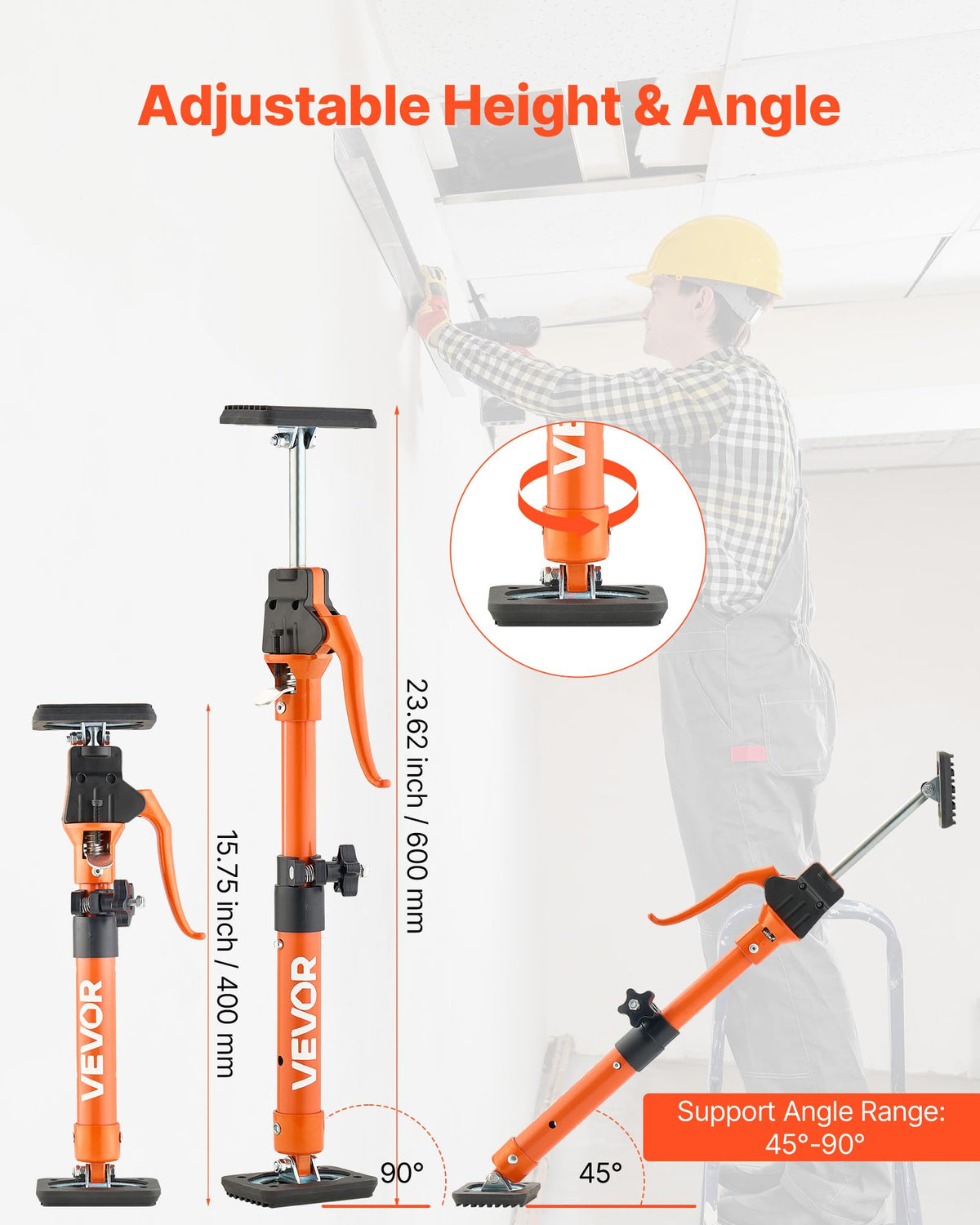 VEVOR cabinet jack head tilted at 45 degrees for ceilings and angles.