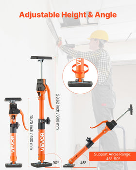 VEVOR cabinet jack head tilted at 45 degrees for ceilings and angles.