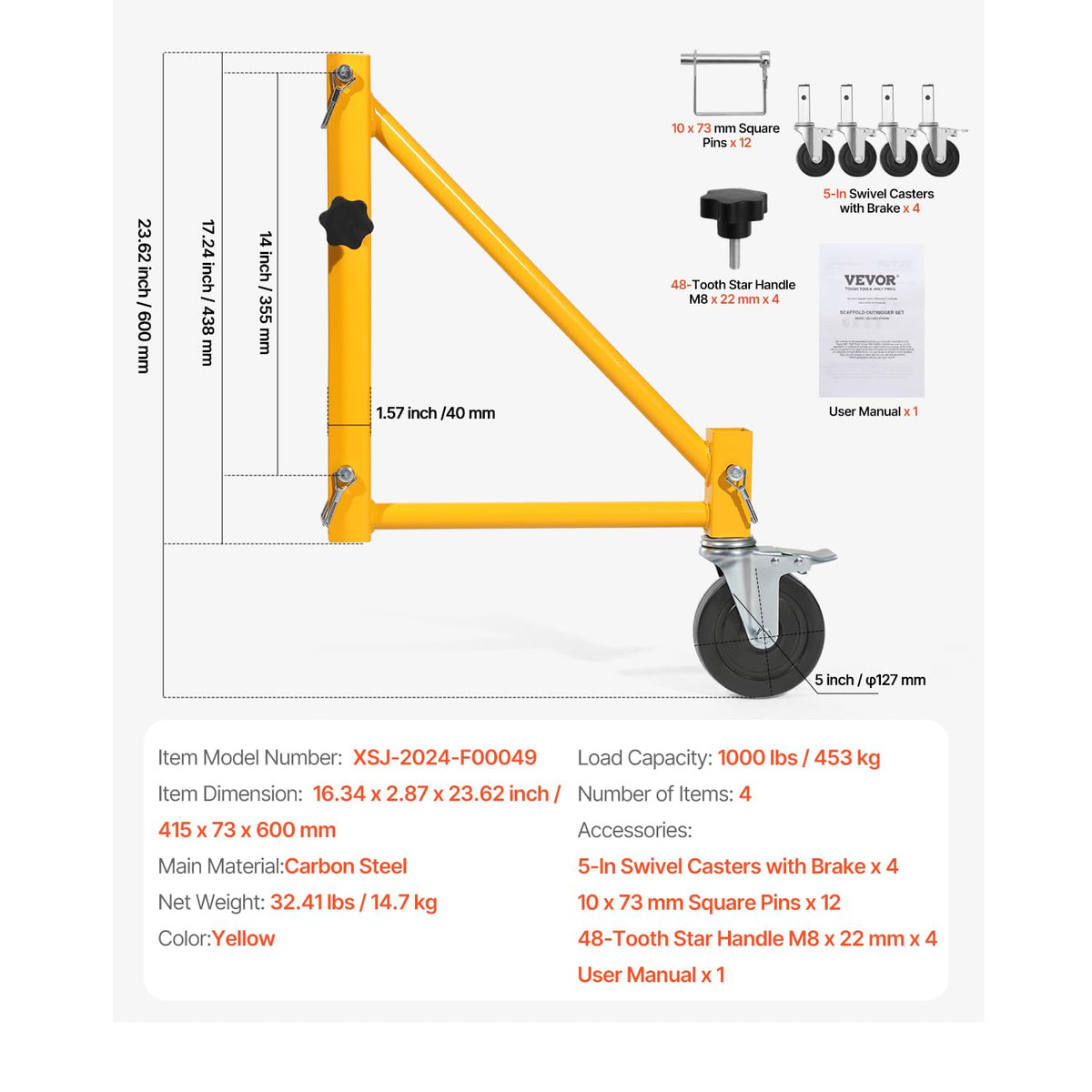 VEVOR carbon steel outriggers deliver rigid support for four-leg frames.